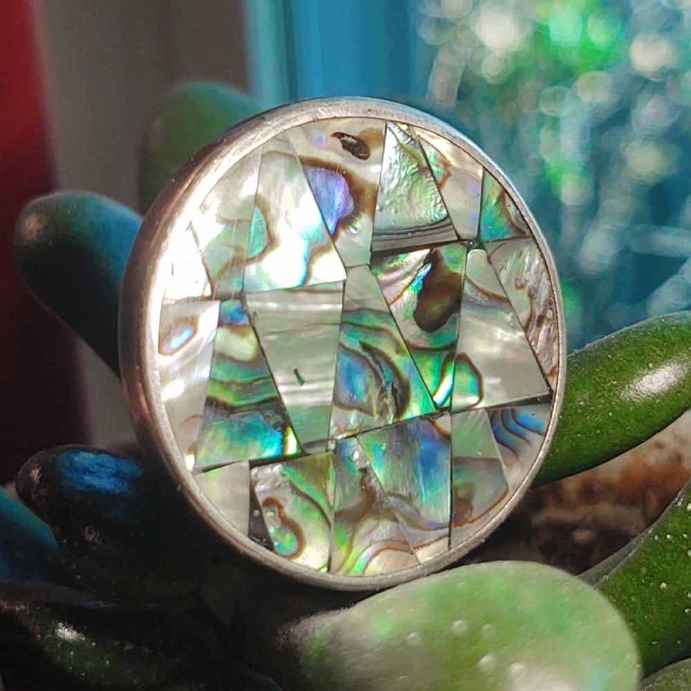 Vintage Oversized Sterling Silver & Abalone Signed Ring- 6.5 - Picture 7 of 8